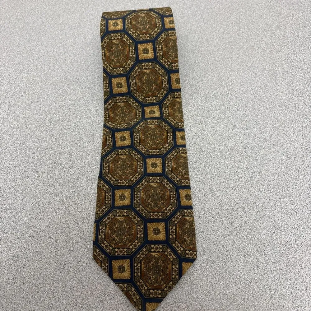 Vintage Valentino Cravatte Necktie, 100% Silk Italy, Brown Black Geometric Print